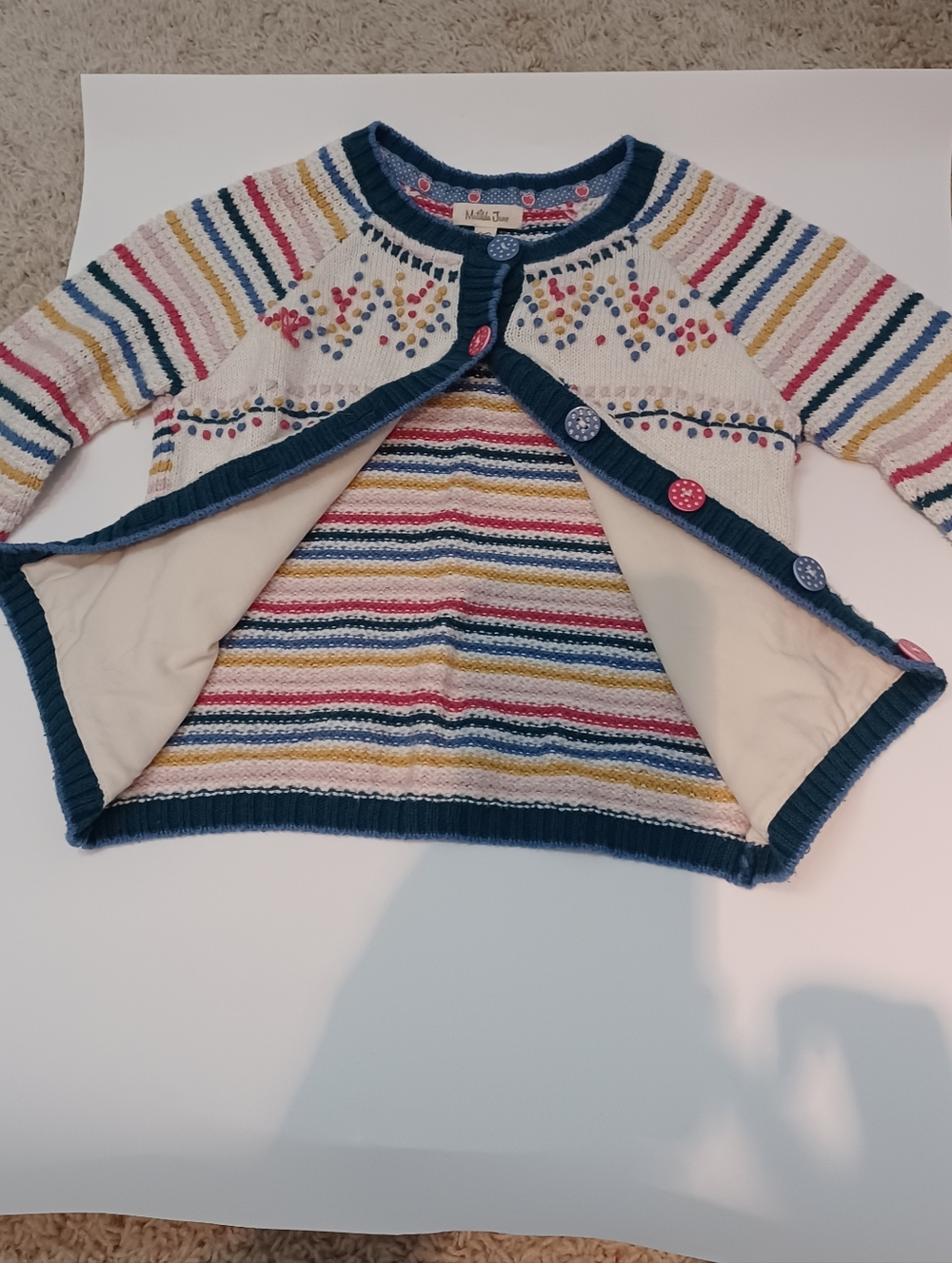 Matilda Jane Cream Cardigan with Navy Trim and Multicolor Stripes - Picture 2 of 3